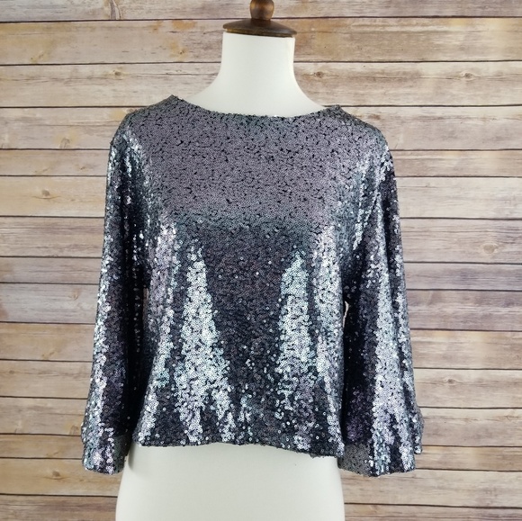 Lulus Tops - Lulu's Cropped Sequin Bell Sleeves Blouse